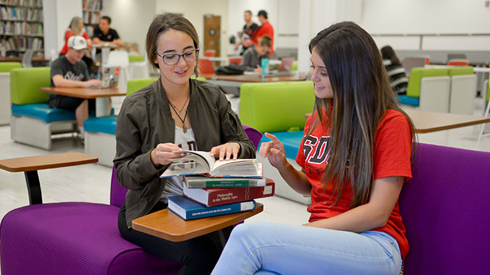 Two students look over a stack of books