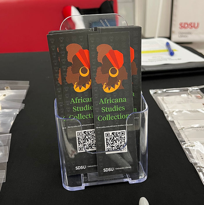 A display of brochures promoting the Africana Studies Collection at the SDSU Library