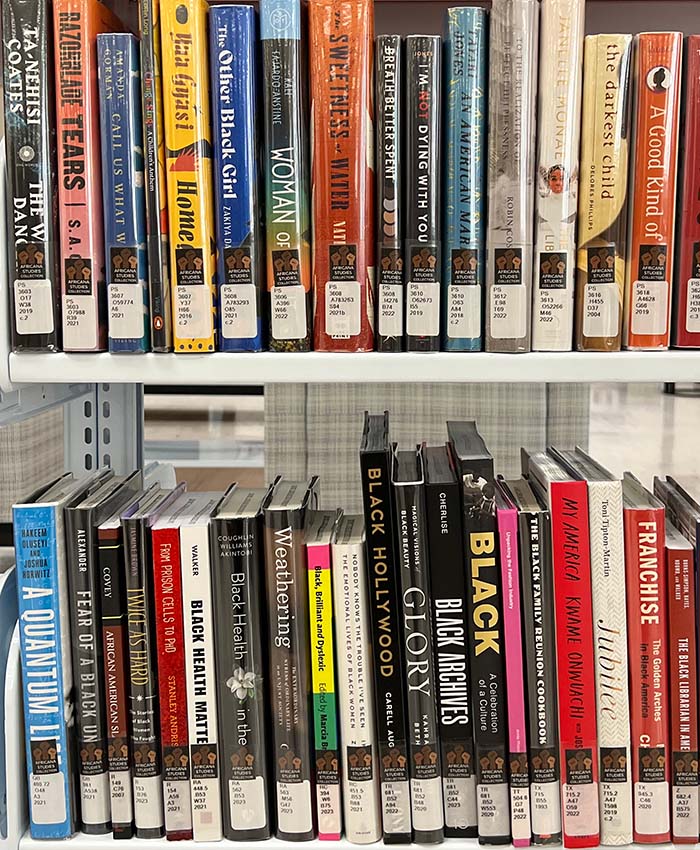 Two shelves of books in the Africana Studies Collection in the SDSU Library