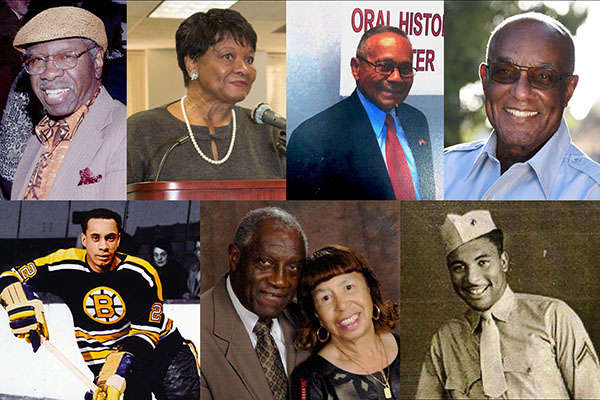 A collage of eight photographs featuring different African American individuals in various settings, including formal events, historical images, and a hockey game.