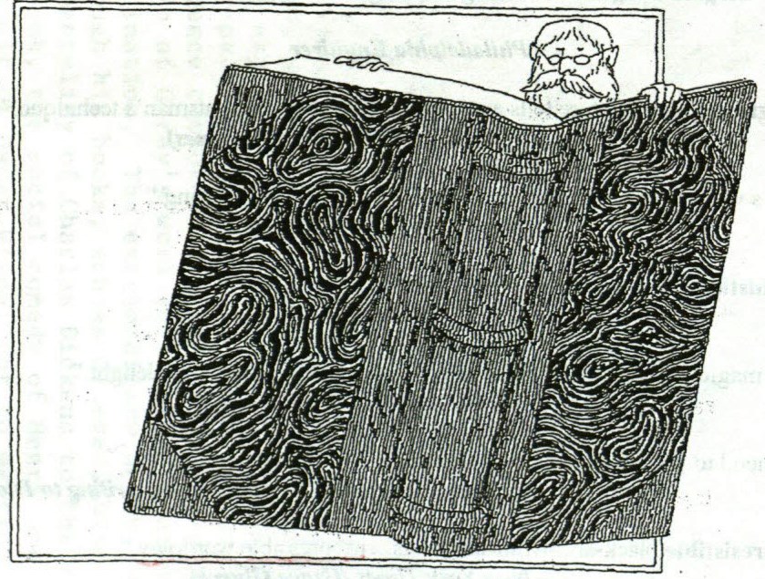 An illustration by Gorey of a man reading a book