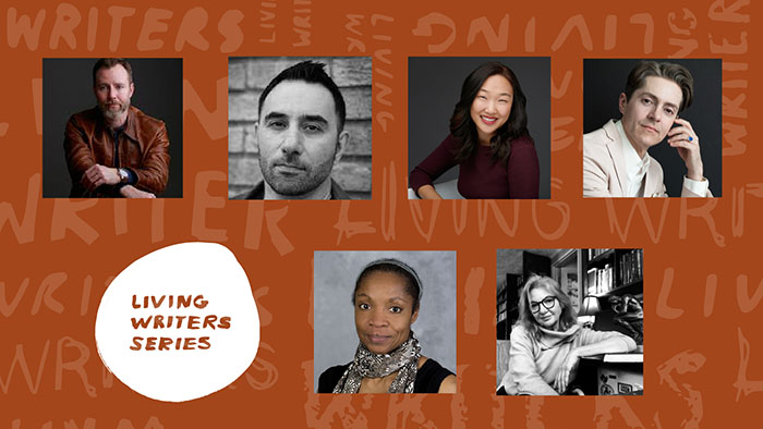 Living Writers Series 2024 Announcement with images of six writers: Adam O. Davis, Arthur Kayzakian, Jessica Kim, Jeffrey Dale Lofton, Allison Joseph, and Suzi Ehtesham-Zadeh