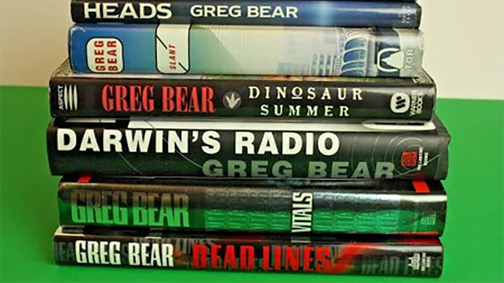 Stack of books by Greg Bear