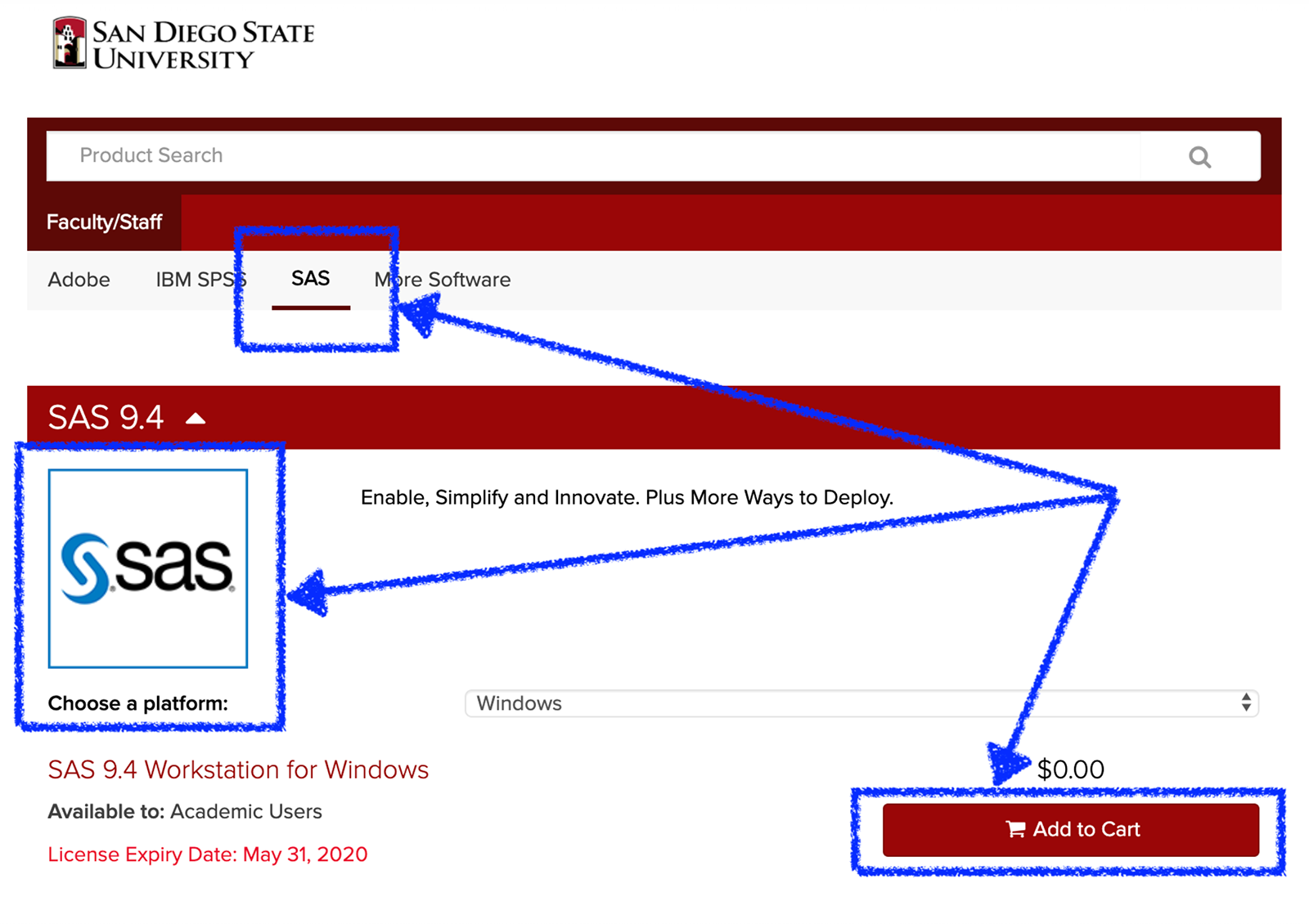 Click SAS tab, platform, add to cart