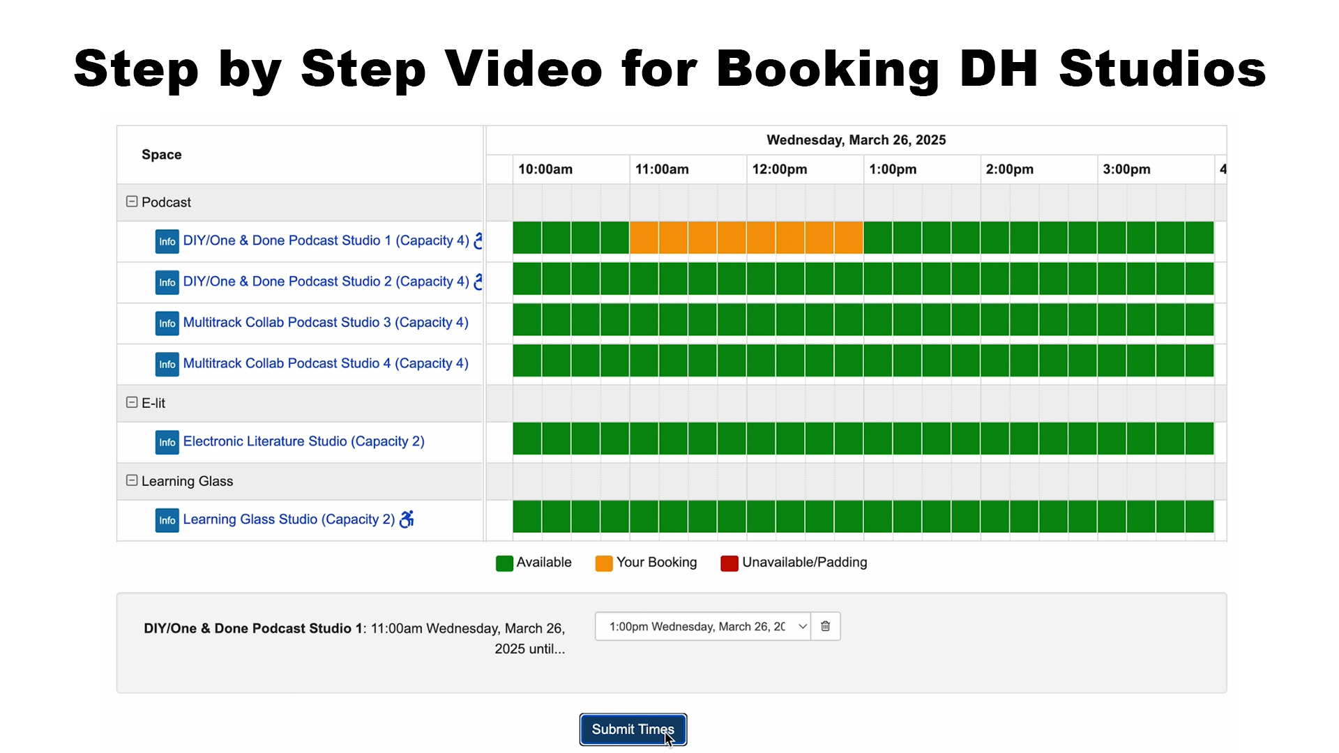 Screenshot of the DH Center Booking System with "Step by Step Video for Booking DH Studios" at the top