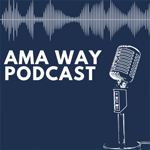 AMA Way Podcast logo with retro microphone and audio waveform on a dark blue background.