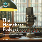 The Homebase Podcast logo with microphone on a desk, focused on community for young men of color at SDSU.