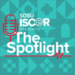SDSU ISCOR Spotlight podcast logo with red microphone icon and teal patterned background.