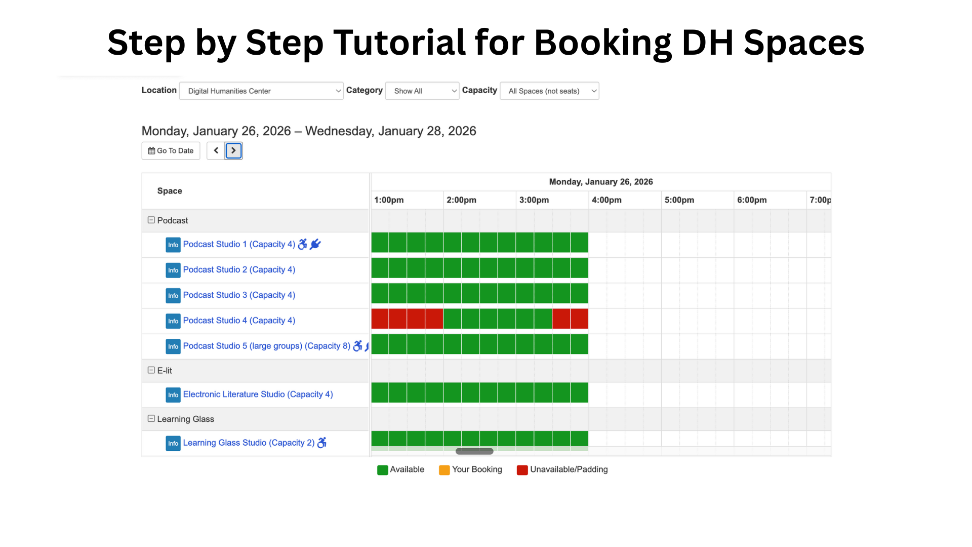 Screenshot of the DH Center Booking System with "Step by Step Video for Booking DH Studios" at the top