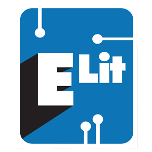 E-Lit logo featuring stylized circuit lines and bold lettering on a blue background.