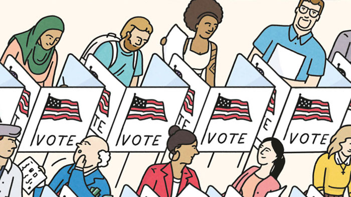 Illustration of different types of Americans in voting booths