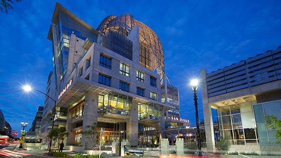 Exterior view of the San Diego Public Library at night