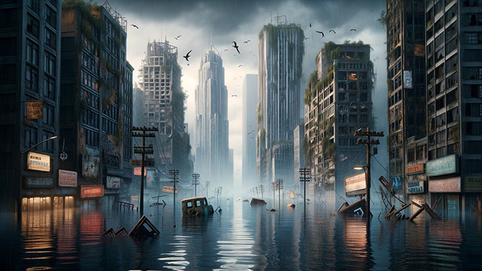 A dystopian scenario of rising ocean levels engulfing a city